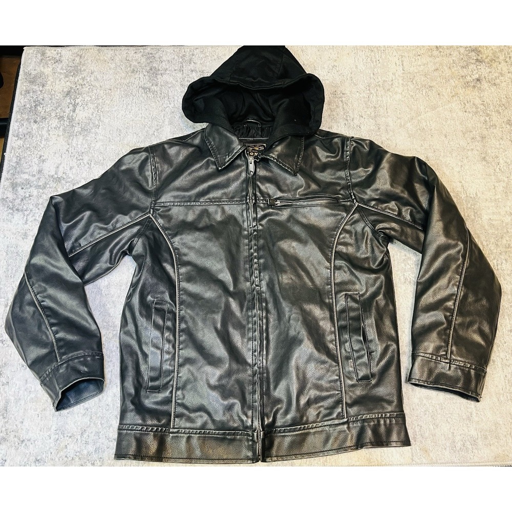 Arizona Jean Co Faux Leather Motorcycle Jacket Mens S Black Hooded Full Zip
